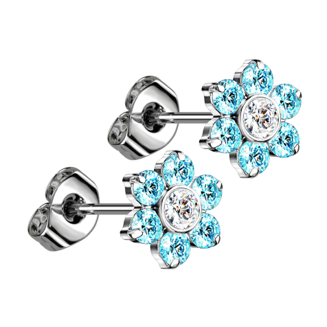 Threadless stud earrings, silver, flower, crystals, aqua