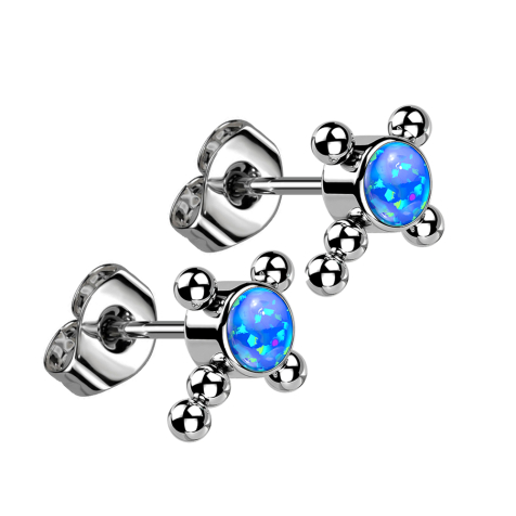 Orecchini a bottone senza filetto argento croce sfere opale blu