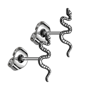 Threadless stud earrings, silver snake, black