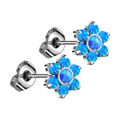 Threadless stud earrings, silver, flower, opal blue