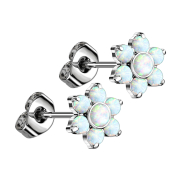 Threadless stud earrings, silver, flower, white opals