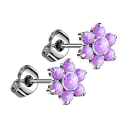 Threadless stud earrings, silver, flower, opal, purple