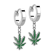 Folding silver earring with green hemp leaf pendant