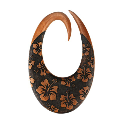 Peso ad orecchio con gocce a spirale con fiori di ibisco incisi in legno di Sawo