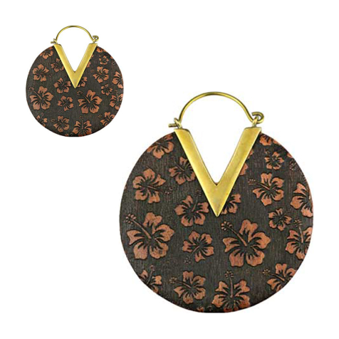 Earring gold-plated plate hibiscus flowers engraved from Sawo wood