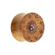 Flared Plug Mandala Blume mit Amethyst Stein aus Teakholz