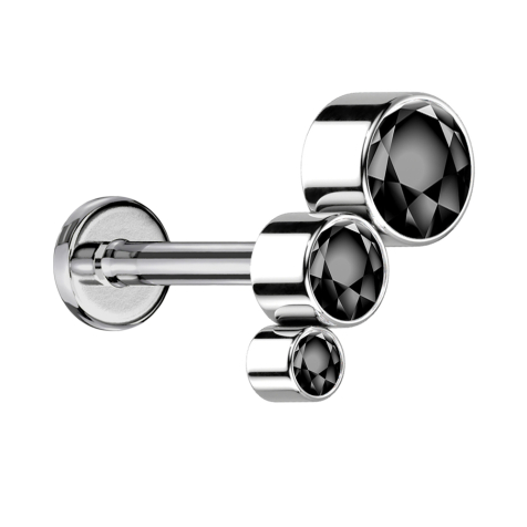 Micro Labret filetage intérieur argent descendant trois cristaux noirs