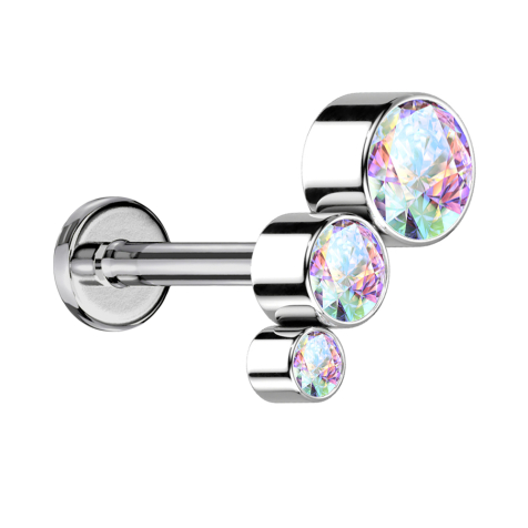 Micro labret filetage intérieur argent descendant trois cristaux multicolores