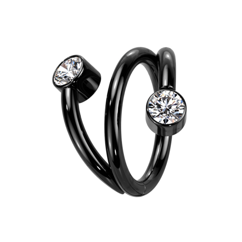 Micro bague segmentée pliable noire spirale deux cristaux argentés