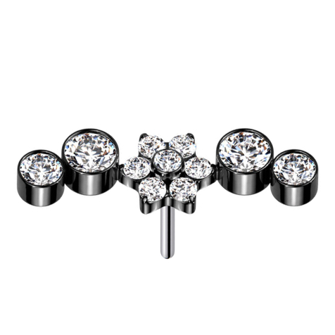 Threadless schwarz Blume Kristalle silber vier Kristalle