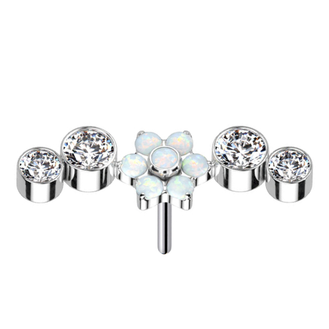 Threadless silber Blume Opale weiss vier Kristalle