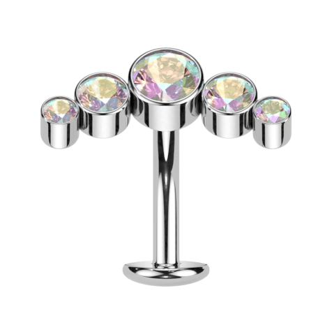 Tige labret sans filetage Banane argent cinq cristaux multicolores