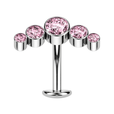 Threadless Labret Bar Banana Silver Five Crystals Pink