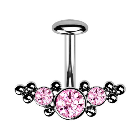 Tige de labret sans filetage Banane argentée au centre avec boules et trois cristaux roses