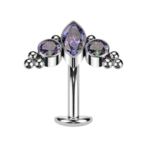 Tige labret sans filetage banane argent Cristal ovale multicolore foncé et deux cristaux multicolores foncés