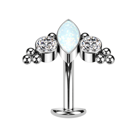 Tige labret sans filetage Banane argent Ovale opale blanche et deux cristaux argent