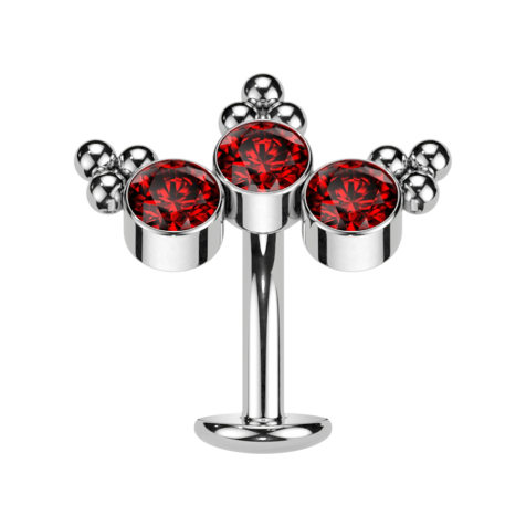 Threadless labret bar banana silver triangle balls three crystals red