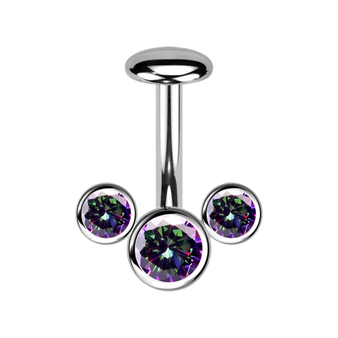 Threadless Labret-Stab Banane silber front drei Kristalle dunkel multicolor