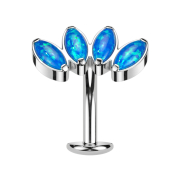 Threadless labret bar banana silver fan with four blue opals