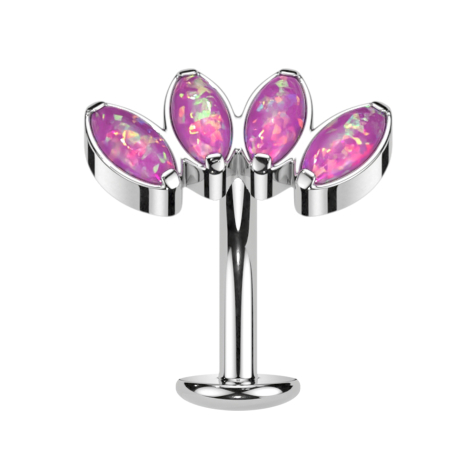 Threadless labret bar banana silver fan with four pink opals