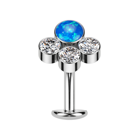 Threadless labret bar banana silver opal blue three crystals silver