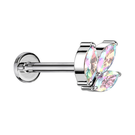 Micro Labret sans filetage argenté trois cristaux ovales multicolores