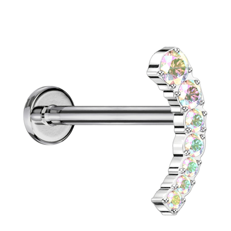 Micro Labret sans filetage argenté courbé sept cristaux multicolores descendants