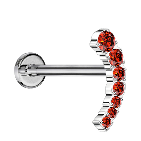 Micro Labret sans filetage argenté courbé sept cristaux descendants rouges