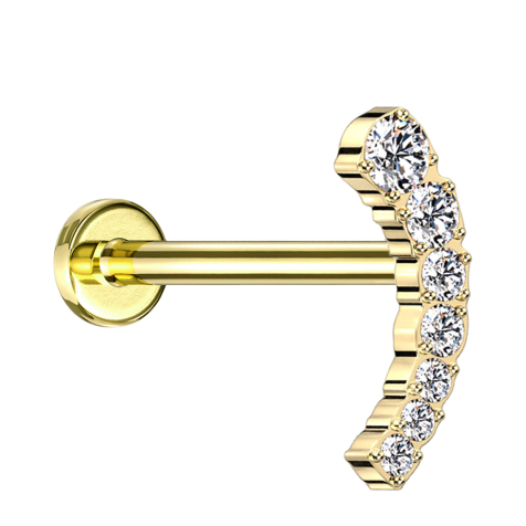 Micro threadless labret, gold-plated, curved, seven descending crystals, silver