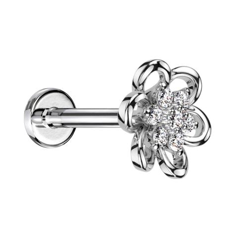 Micro Labret femelle argenté fleur creuse cristaux argentés