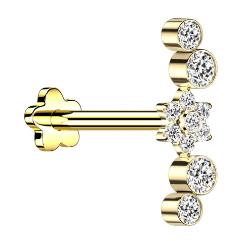 Micro Labret senza filettatura Fiore placcato oro Fiore cristalli argento quattro cristalli