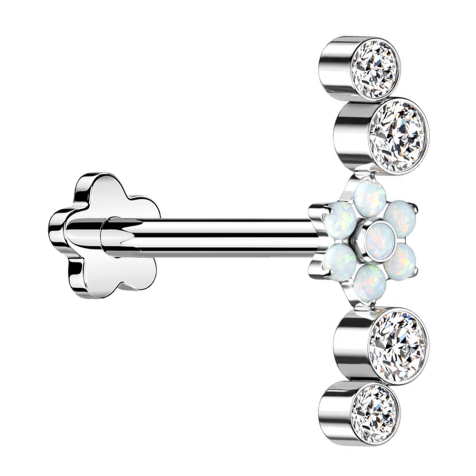 Micro Labret senza filettatura Fiore argento Fiore Opale bianco quattro cristalli