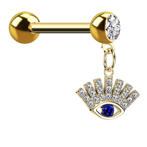 Micro Barbell vergoldet mit Kugel und Kugel Kristall silber Anhänger glückliches Auge