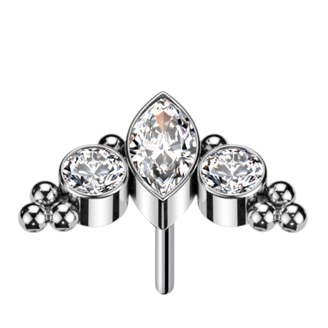 Threadless oval crystal silver and two crystals silver