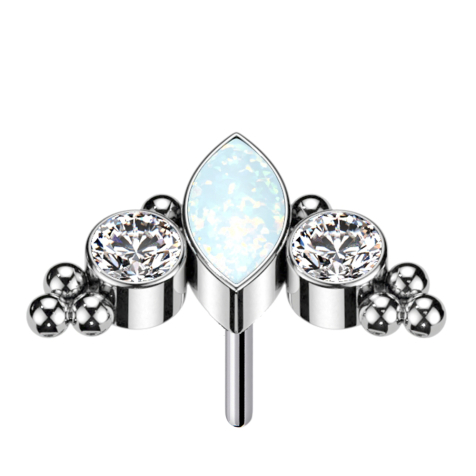 Threadless oval opal white multicolor and two crystals silver