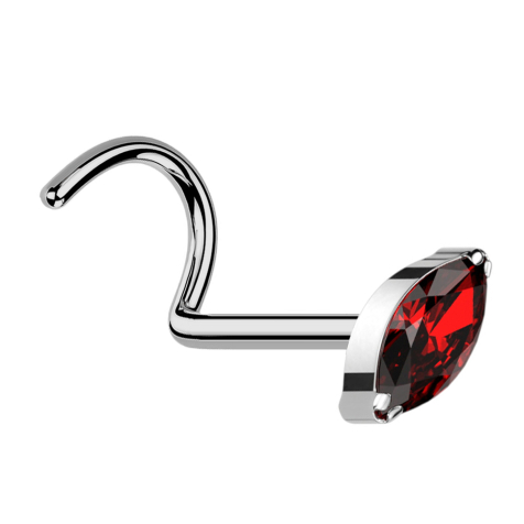 Clou doreille courbé argenté avec cristal ovale rouge