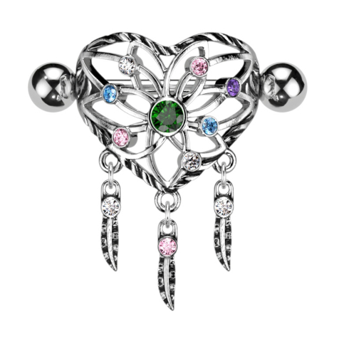 Barbell silver with two balls shield heart dreamcatcher with colored crystals