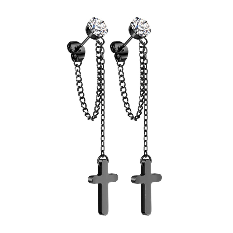 Stud earrings black with round crystal silver pendant chain with cross