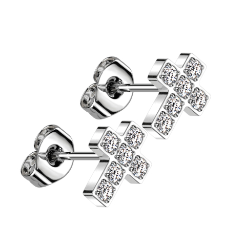 Threadless stud earrings, silver cross crystals, silver