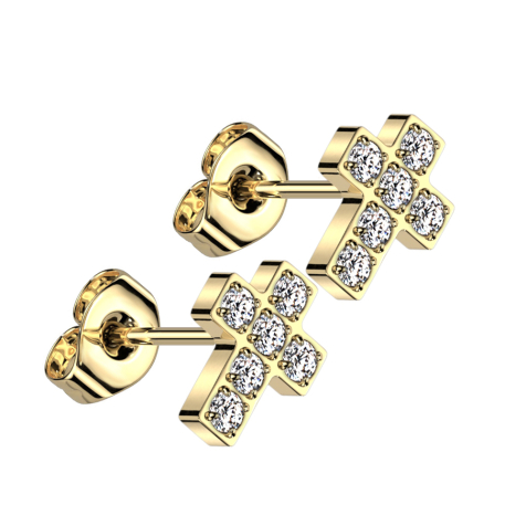 Threadless Ohrstecker vergoldet Kreuz Kristalle silber