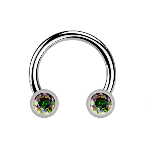 Micro Threadless Circular Barbell silber mit zwei Zylindern silber front Kristall dunkel multicolor