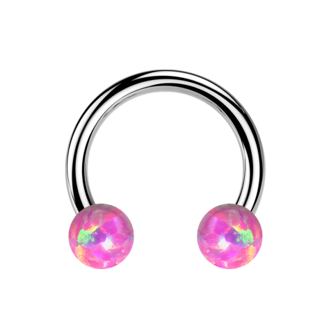 Micro threadless circular barbell in silver with two pink opals