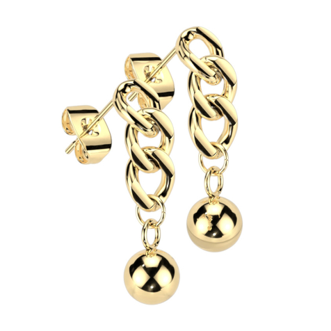 Orecchini a perno placcati in oro Catena pendente a maglie con pallina