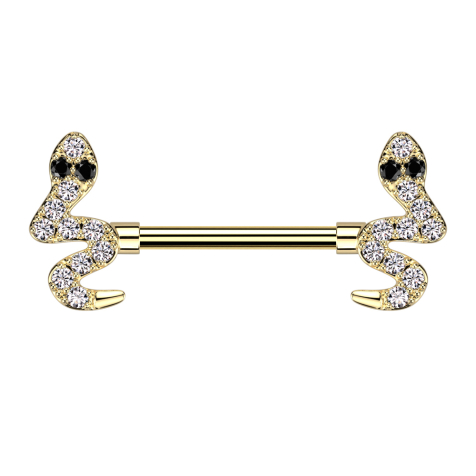 Barbell plaqué or serpent cristaux argent
