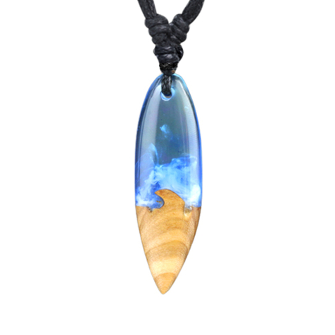Necklace black pendant surf mystical wave epoxy transparent olive wood