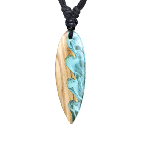 Necklace black pendant surf wave vertical epoxy transparent olive wood