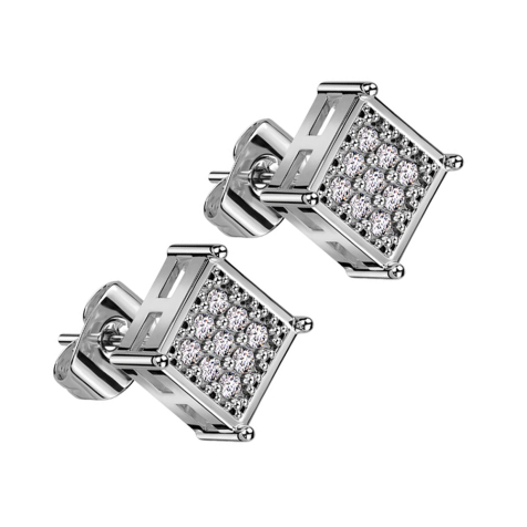 Stud earrings silver square crystals silver