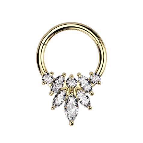 Micro segment ring hinged gold-plated three round and four oval crystals silver