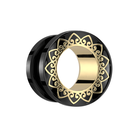 Flesh Tunnel schwarz goldenem Innenteil und Herzen