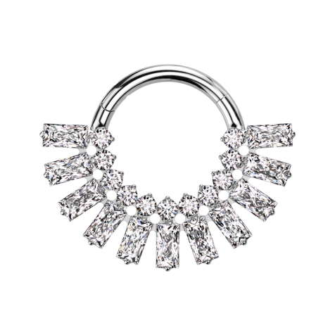 Micro segment ring, foldable, silver, eleven rectangular and round crystals, silver